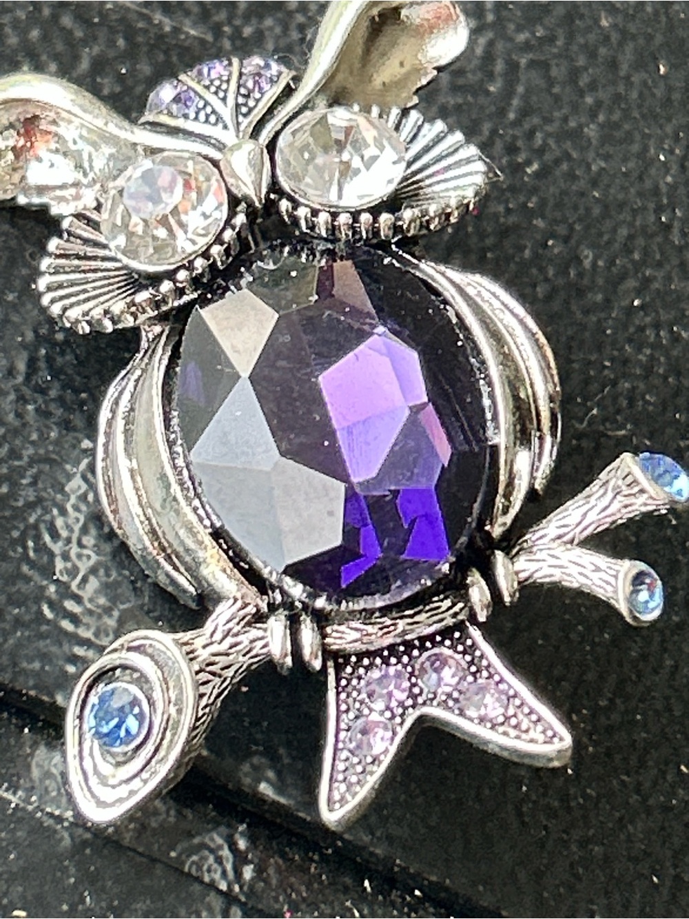 Silver Owl Pendant Brooch with Faceted Purple Crystal pin